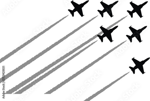 Konstfotografi Vector silhouette of military fighter jets flying in formation with vapor trails for airshow or national day aviation design graphics