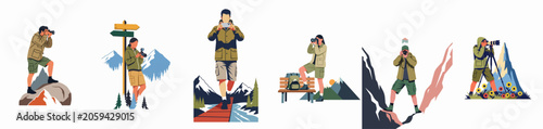 Set of flat vector illustrations featuring diverse photographers capturing stunning mountain landscapes and nature during their outdoor travel adventures.