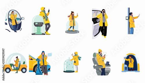 Vector illustrations of a woman interacting with electric cars, futuristic pods, charging stations, and smart technology in a modern flat art style.