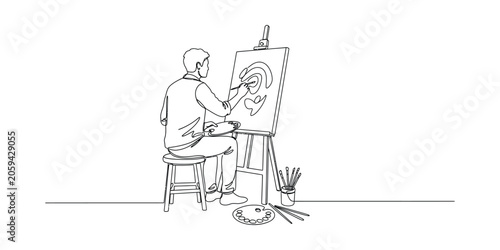 Artist Painting on Canvas Minimalist Line Art Sketch
