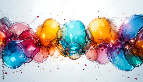 Vibrant colorful bubbles floating in midair on white background with splashes of paint