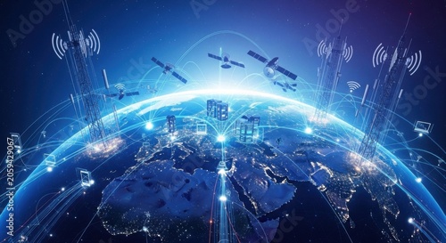 Global satellite communication network over planet earth for coloring pages design