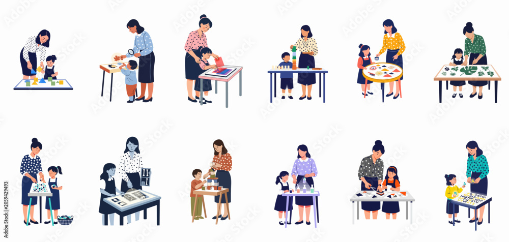 Fototapeta premium Vector illustration collection of teachers and young students engaging in diverse educational activities like science, art, and play in a classroom setting.