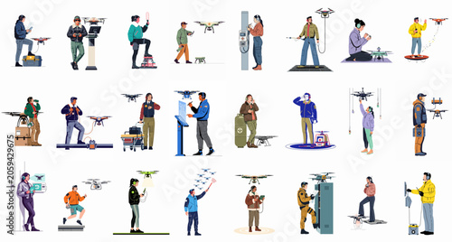 Set of flat illustrations featuring diverse professional drone operators using various unmanned aerial vehicles for logistics, medical delivery, and industrial monitoring tasks.