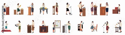 Foto Collection of flat vector illustrations featuring a professional woman in various legal, courtroom, and office roles, representing diverse aspects of the law and justice
