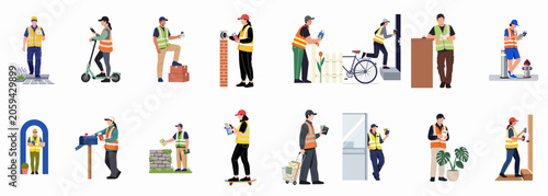Diverse set of courier and mail delivery characters in high-visibility vests delivering packages and documents in various urban scenes, flat vector illustration.