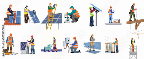 Illustrations of workers installing solar panels, performing maintenance, and managing renewable energy projects on roofs and ground-mounted systems.