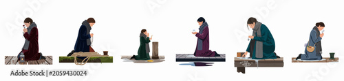 Set of illustrations depicting a mourning woman kneeling on a wooden pier, engaging in various acts of prayer, remembrance, and quiet reflection.