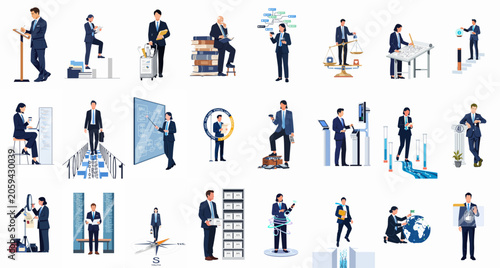 Large collection of professional flat illustrations representing business, legal, science, and technology concepts for various corporate and creative use cases.
