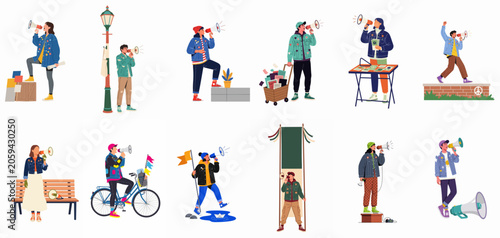 Collection of diverse young people and activists speaking through megaphones in various public settings, illustrating social movements and community engagement.