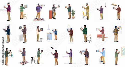 Collection of Illustrations of a Man Using Various Smart Home Automation Devices and Control Panels on Walls