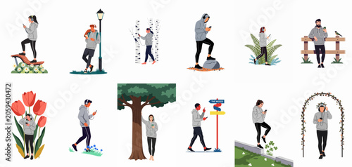 Set of cartoon characters using smartphones and headphones while spending time outdoors in nature, parks, and gardens.