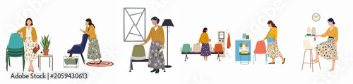 Flat illustration set of women in stylish outfits interacting with modern furniture, chairs, and interior decor in different indoor environments and life scenarios.