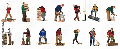 Collection of lumberjack characters in flannel shirts engaged in various woodcutting tasks like chopping, sawing, carrying, and stacking logs on a white background.