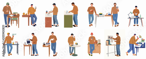Set of flat vector illustrations showing a man managing personal finances, budgeting, paying bills, and organizing home office tasks in a cozy environment.