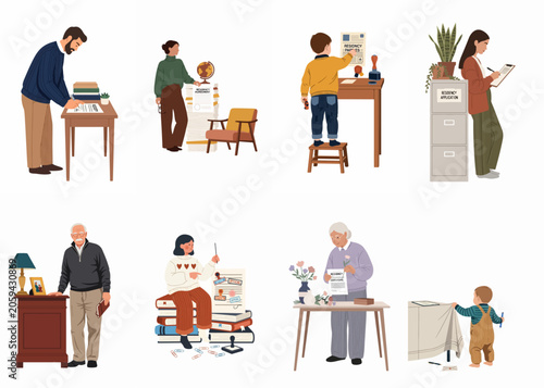 Illustrations of diverse people, from children to seniors, handling residency documents, applications, and legal paperwork for immigration and relocation purposes.