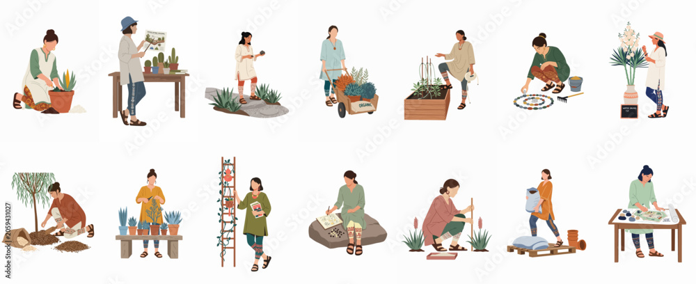 Obraz premium Flat vector illustrations of diverse women engaged in various gardening and xeriscaping activities such as planting, pruning, and designing sustainable outdoor landscapes.