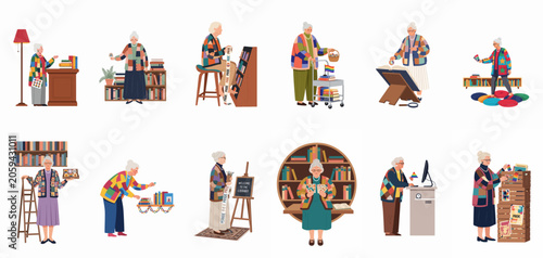 Set of illustrations depicting an elderly female librarian engaging in various library activities and celebrating pride month with colorful decorations and inclusive materials.