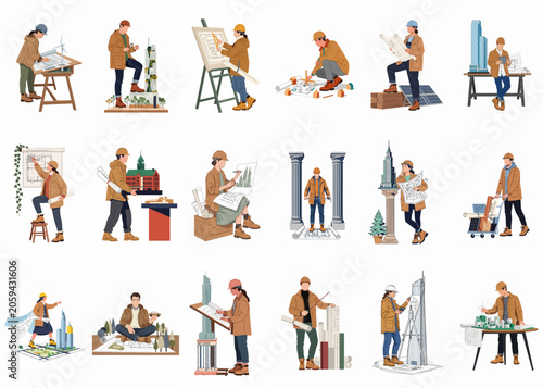 Collection of diverse architects and engineers working on architectural models, blueprints, and sustainable urban development projects in a flat vector style.