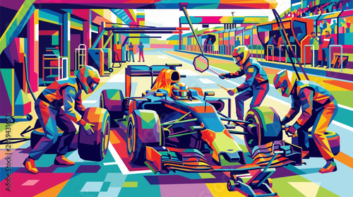 Принти на полотні Pit crew members changing racing tires quickly at a grand prix event