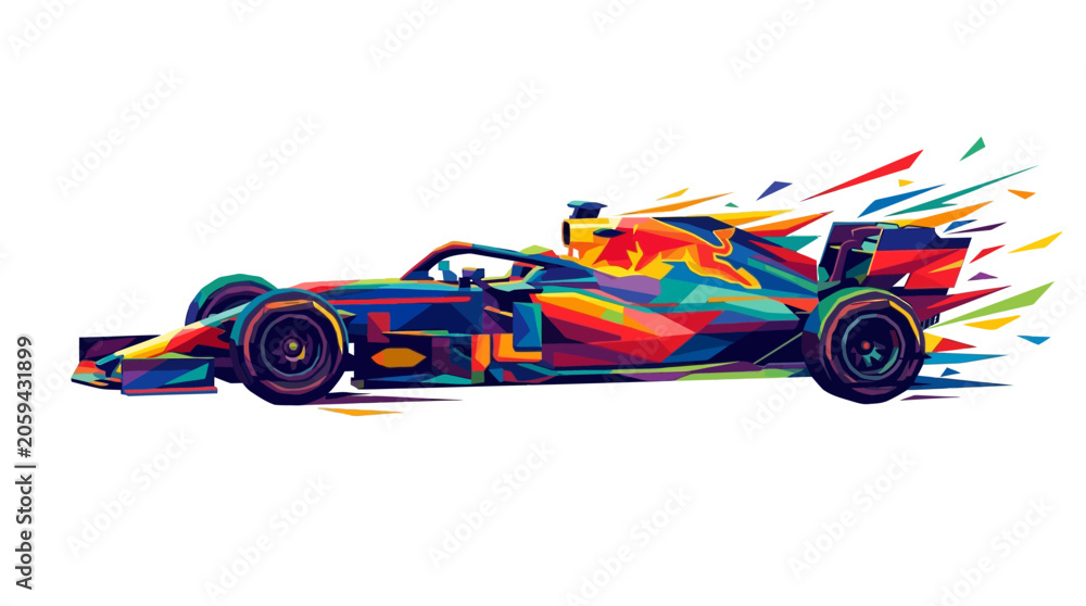 Naklejka premium Abstract geometric red bull racing formula one car speed motion art. Suitable for sports marketing, automotive advertisements, and racing event promotions.