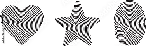 Quadro su tela Set of three black fingerprint icons in different shapes, including a heart, a s