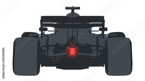Flat illustration of a dark formula one race car showing its red tail light from the back view. Perfect for sports designs.