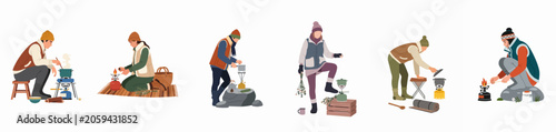 Flat illustration collection of diverse people cooking outdoors on portable gas stoves during autumn or winter camping trips.