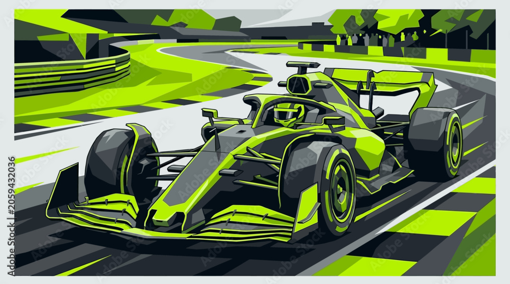 Naklejka premium Green neon stylized formula one race car speedway circuit dynamic illustration art design suitable for race car events promotion materials.