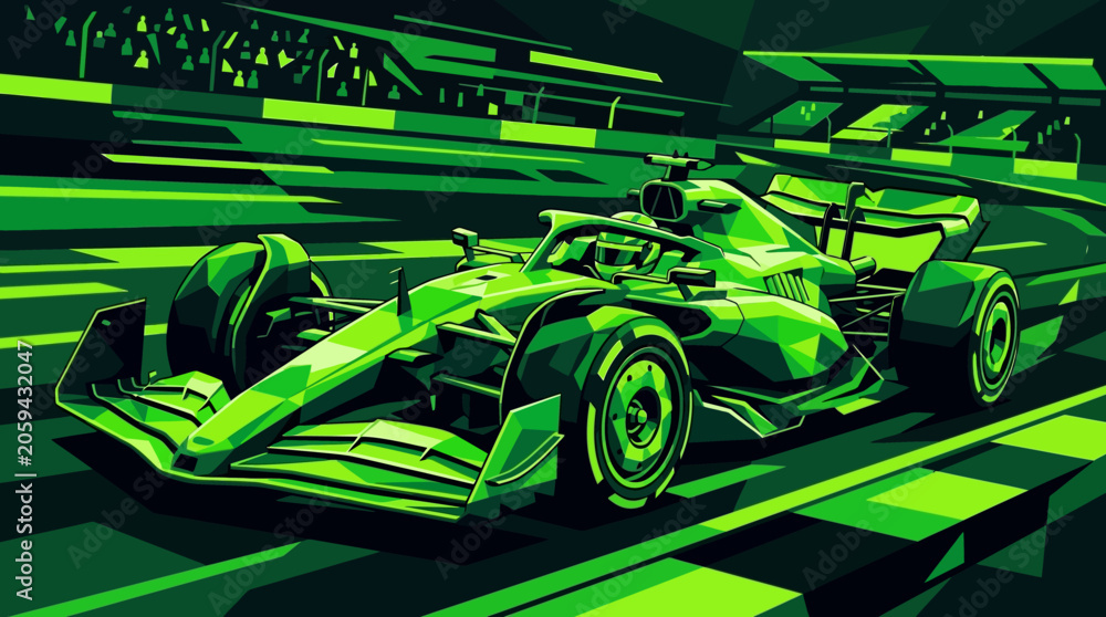 Naklejka premium Green formula one race car speeding under neon lights on a night race track with grandstands suitable for sportsthemed designs.