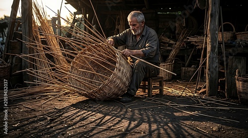 Senior artisan weaving a traditional wicker basket in a workshop