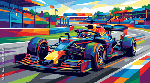 Εκτύπωση καμβά Multicolored geometric art of a red bull formula one race car on a track, ideal for sportsthemed designs