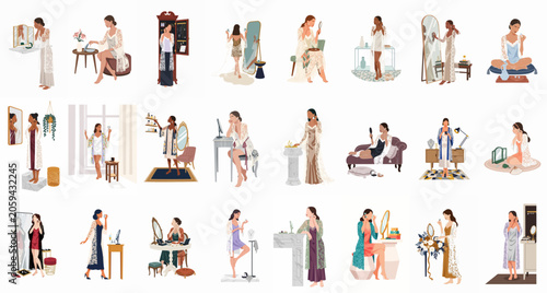 Elegant collection of women in diverse settings, performing morning beauty routines, choosing jewelry, and relaxing in stylish loungewear.