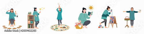 A series of flat illustrations showing a female teacher or educator engaged in various playful and educational activities for young children.