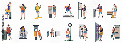 Collection of young people in stylish streetwear commuting, waiting, and navigating through various scenarios in a public subway station or transport hub.