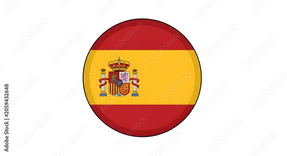 Obraz premium A circular pin icon featuring the national flag of Spain with its detailed coat of arms centered.