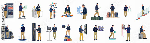 Collection of illustrations featuring a male IT professional working with servers, network hardware, and digital interfaces in various technical settings.