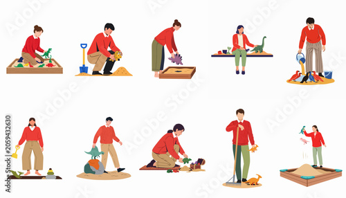 Set of flat illustrations featuring people playing with toy dinosaurs in sandboxes, digging, and engaging in creative outdoor activities.