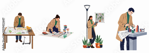 Set of illustrations depicting professional urban planners and architects working on city infrastructure, layout design, and sustainable development projects.