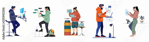 Flat vector illustration set of young professionals using advanced digital technology, laptops, and drones for remote work and innovative projects.