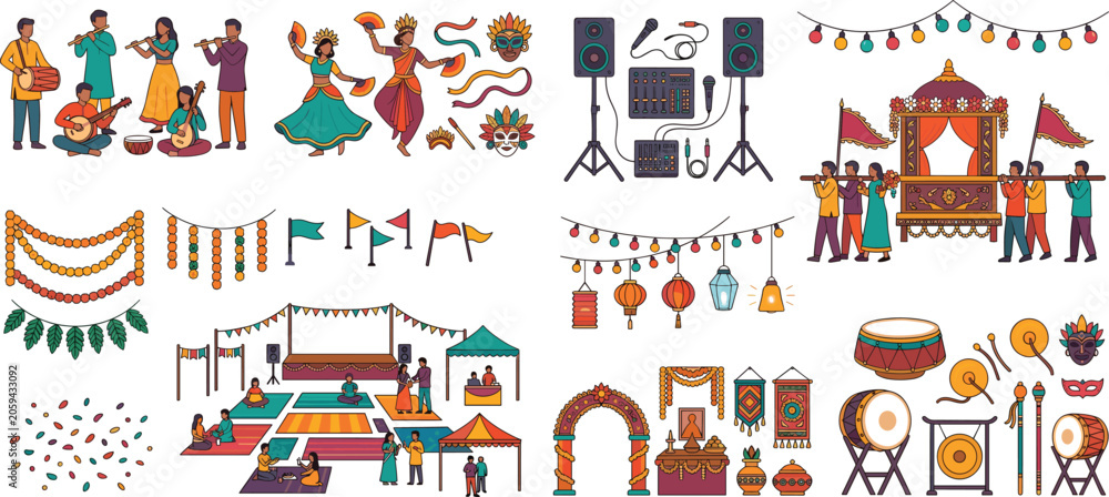 Fototapeta premium Traditional Indian cultural festival mela celebration elements and folk music dance carnival vector illustration set