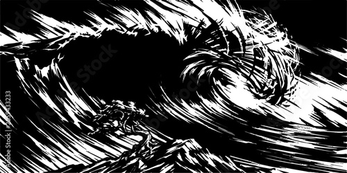 Φωτογραφία A dramatic, ink-wash style illustration depicts a colossal wave crashing down, with a lone boat and a figure struggling against the powerful force of nature