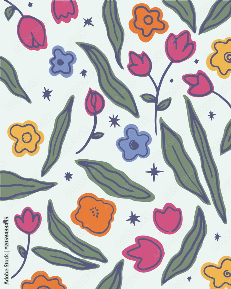 Obraz premium A seamless floral pattern featuring hand‑drawn tulips, daisies, and abstract blossoms in cheerful shades of pink, orange, yellow, and blue