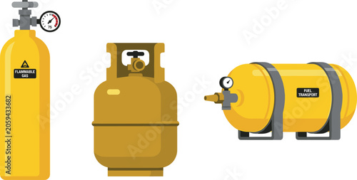 Bild auf Leinwand Yellow Gas Cylinder and Propane Tank Vector Icon Set for Industrial Fuel Transpo