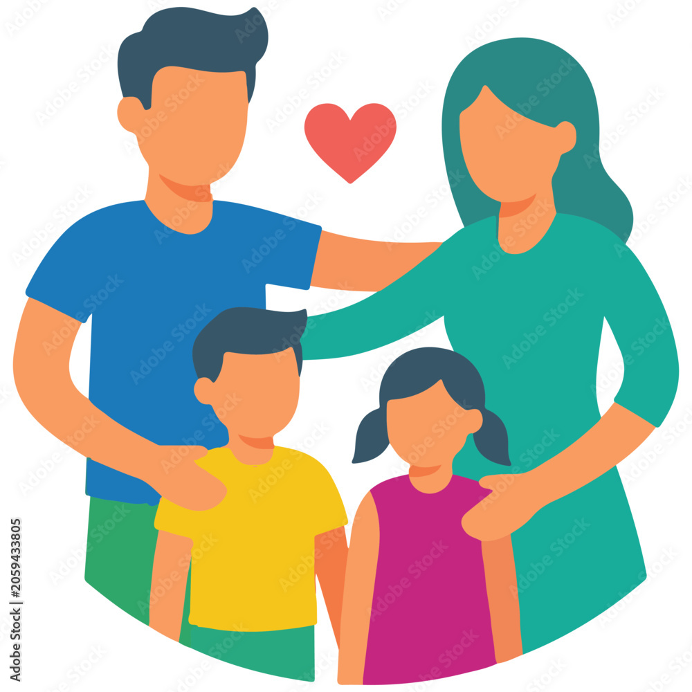 Obraz premium Happy family with two children and heart icon children happiness parenting daughter togetherness