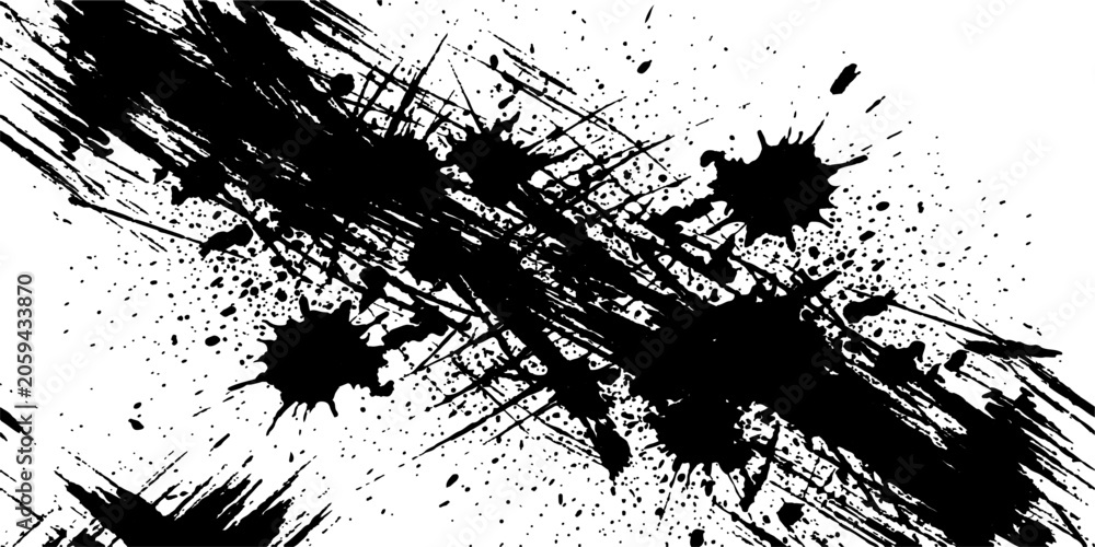Obraz premium Black ink splatters and brush strokes create an abstract dynamic design on a white background.