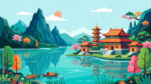 Foto Minimalist flat vector illustration of an ancient Chinese temple at the edge of a serene lake, towering mountains in the background reflected in the water, vibrant nature colors, clean and modern