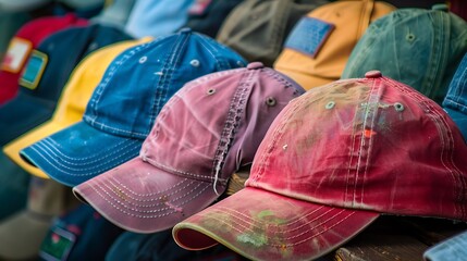 Baseball caps arranged rows various colors worn faded fabric everyday accessories market display 
