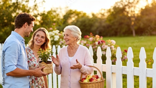 Friendly relationship with neighbours. Happy young couple and senior woman near fence outdoors