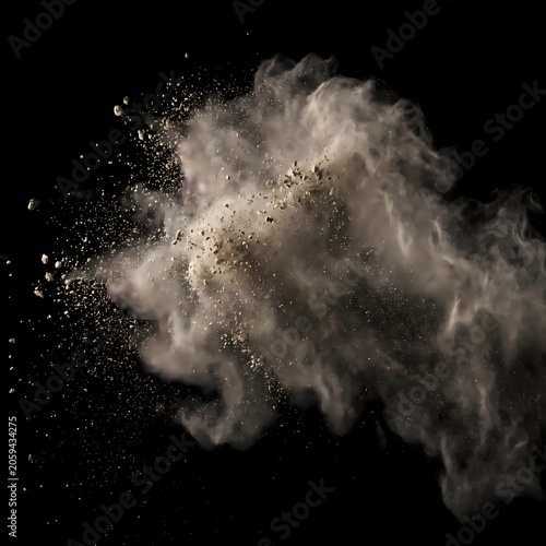 Φωτογραφία Powerful explosion of dust and debris cloud isolated on dark background showing impact motion